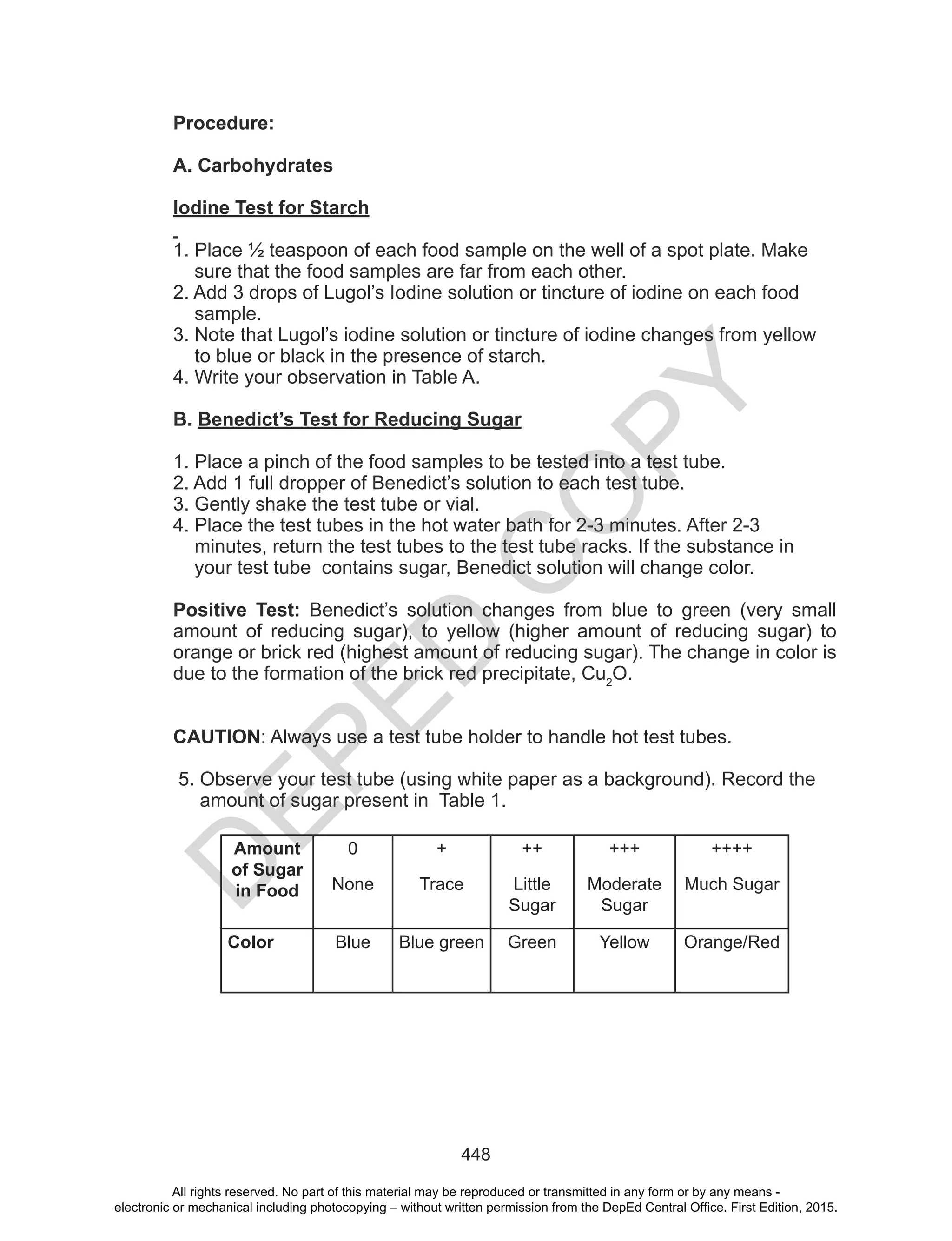 D
EPED
C
O
PY
448
Procedure:
A. Carbohydrates
Iodine Test for Starch
1. Place ½ teaspoon of each food sample on the well of a spot plate. Make
sure that the food samples are far from each other.
2. Add 3 drops of Lugol’s Iodine solution or tincture of iodine on each food
sample.
3. Note that Lugol’s iodine solution or tincture of iodine changes from yellow
to blue or black in the presence of starch.
4. Write your observation in Table A.
B. Benedict’s Test for Reducing Sugar
1. Place a pinch of the food samples to be tested into a test tube.
2. Add 1 full dropper of Benedict’s solution to each test tube.
3. Gently shake the test tube or vial.
4. Place the test tubes in the hot water bath for 2-3 minutes. After 2-3
minutes, return the test tubes to the test tube racks. If the substance in
your test tube contains sugar, Benedict solution will change color.
Positive Test: Benedict’s solution changes from blue to green (very small
amount of reducing sugar), to yellow (higher amount of reducing sugar) to
orange or brick red (highest amount of reducing sugar). The change in color is
due to the formation of the brick red precipitate, Cu2
O.
CAUTION: Always use a test tube holder to handle hot test tubes.
5. Observe your test tube (using white paper as a background). Record the
amount of sugar present in Table 1.
Amount
of Sugar
in Food
0
None
+
Trace
++
Little
Sugar
+++
Moderate
Sugar
++++
Much Sugar
Color Blue Blue green Green Yellow Orange/Red
All rights reserved. No part of this material may be reproduced or transmitted in any form or by any means -
electronic or mechanical including photocopying – without written permission from the DepEd Central Office. First Edition, 2015.
 