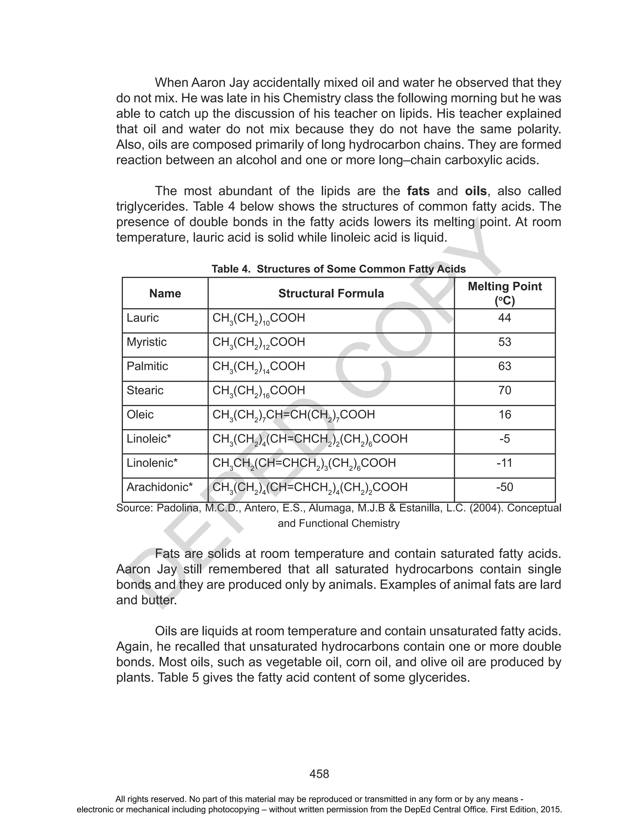 D
EPED
C
O
PY
458
When Aaron Jay accidentally mixed oil and water he observed that they
do not mix. He was late in his Chemistry class the following morning but he was
able to catch up the discussion of his teacher on lipids. His teacher explained
that oil and water do not mix because they do not have the same polarity.
Also, oils are composed primarily of long hydrocarbon chains. They are formed
reaction between an alcohol and one or more long–chain carboxylic acids.
The most abundant of the lipids are the fats and oils, also called
triglycerides. Table 4 below shows the structures of common fatty acids. The
presence of double bonds in the fatty acids lowers its melting point. At room
temperature, lauric acid is solid while linoleic acid is liquid.
Table 4. Structures of Some Common Fatty Acids
Name Structural Formula
Melting Point
(o
C)
Lauric CH3
(CH2
)10
COOH 44
Myristic CH3
(CH2
)12
COOH 53
Palmitic CH3
(CH2
)14
COOH 63
Stearic CH3
(CH2
)16
COOH 70
Oleic CH3
(CH2
)7
CH=CH(CH2
)7
COOH 16
Linoleic* CH3
(CH2
)4
(CH=CHCH2
)2
(CH2
)6
COOH -5
Linolenic* CH3
CH2
(CH=CHCH2
)3
(CH2
)6
COOH -11
Arachidonic* CH3
(CH2
)4
(CH=CHCH2
)4
(CH2
)2
COOH -50
Source: Padolina, M.C.D., Antero, E.S., Alumaga, M.J.B & Estanilla, L.C. (2004). Conceptual
and Functional Chemistry
Fats are solids at room temperature and contain saturated fatty acids.
Aaron Jay still remembered that all saturated hydrocarbons contain single
bonds and they are produced only by animals. Examples of animal fats are lard
and butter.
Oils are liquids at room temperature and contain unsaturated fatty acids.
Again, he recalled that unsaturated hydrocarbons contain one or more double
bonds. Most oils, such as vegetable oil, corn oil, and olive oil are produced by
plants. Table 5 gives the fatty acid content of some glycerides.
All rights reserved. No part of this material may be reproduced or transmitted in any form or by any means -
electronic or mechanical including photocopying – without written permission from the DepEd Central Office. First Edition, 2015.
 