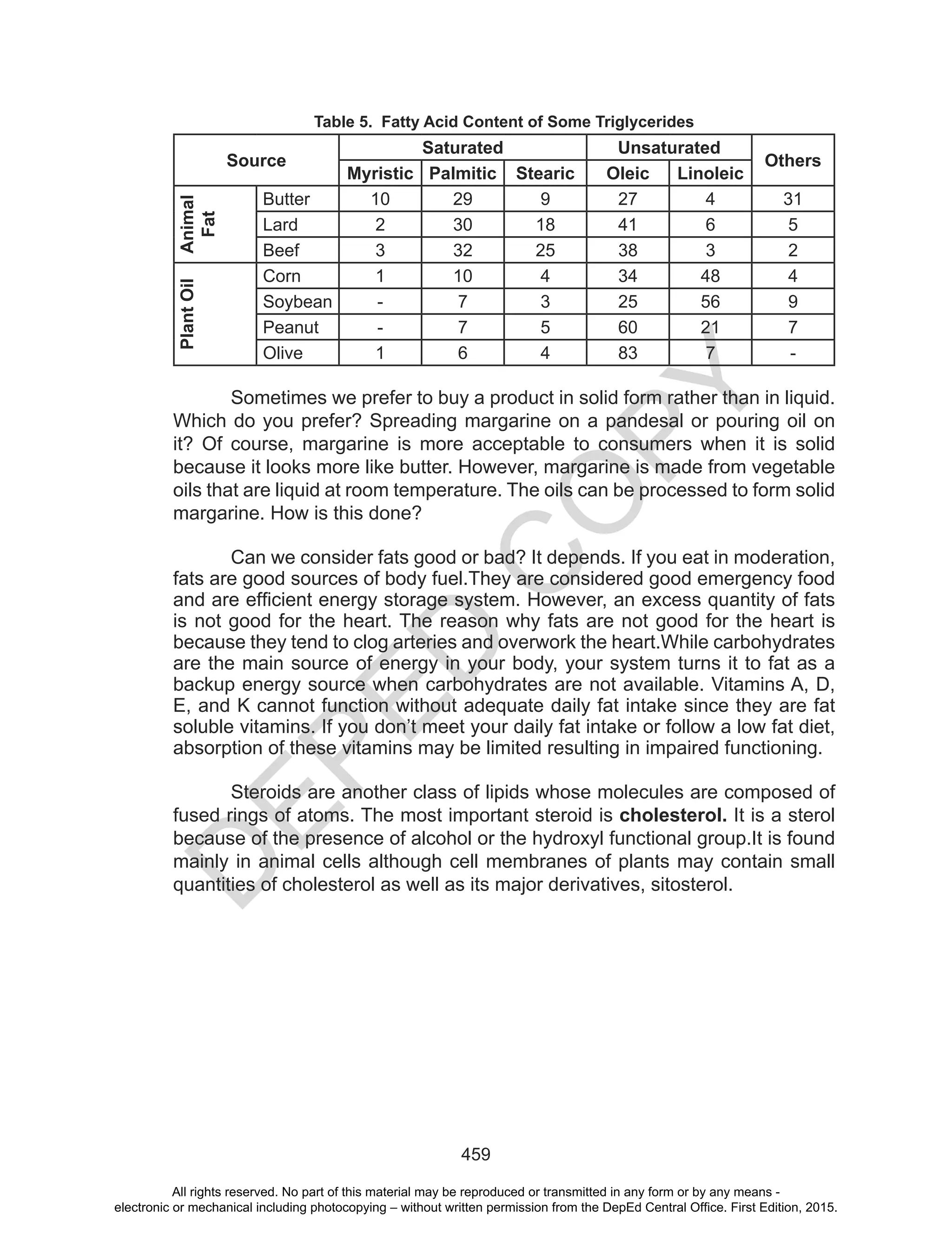 D
EPED
C
O
PY
459
Table 5. Fatty Acid Content of Some Triglycerides
Source
Saturated Unsaturated
Others
Myristic Palmitic Stearic Oleic Linoleic
Animal
Fat
Butter 10 29 9 27 4 31
Lard 2 30 18 41 6 5
Beef 3 32 25 38 3 2
PlantOil
Corn 1 10 4 34 48 4
Soybean - 7 3 25 56 9
Peanut - 7 5 60 21 7
Olive 1 6 4 83 7 -
Sometimes we prefer to buy a product in solid form rather than in liquid.
Which do you prefer? Spreading margarine on a pandesal or pouring oil on
it? Of course, margarine is more acceptable to consumers when it is solid
because it looks more like butter. However, margarine is made from vegetable
oils that are liquid at room temperature. The oils can be processed to form solid
margarine. How is this done?
Can we consider fats good or bad? It depends. If you eat in moderation,
fats are good sources of body fuel.They are considered good emergency food
and are efficient energy storage system. However, an excess quantity of fats
is not good for the heart. The reason why fats are not good for the heart is
because they tend to clog arteries and overwork the heart.While carbohydrates
are the main source of energy in your body, your system turns it to fat as a
backup energy source when carbohydrates are not available. Vitamins A, D,
E, and K cannot function without adequate daily fat intake since they are fat
soluble vitamins. If you don’t meet your daily fat intake or follow a low fat diet,
absorption of these vitamins may be limited resulting in impaired functioning.
Steroids are another class of lipids whose molecules are composed of
fused rings of atoms. The most important steroid is cholesterol. It is a sterol
because of the presence of alcohol or the hydroxyl functional group.It is found
mainly in animal cells although cell membranes of plants may contain small
quantities of cholesterol as well as its major derivatives, sitosterol.
All rights reserved. No part of this material may be reproduced or transmitted in any form or by any means -
electronic or mechanical including photocopying – without written permission from the DepEd Central Office. First Edition, 2015.
 