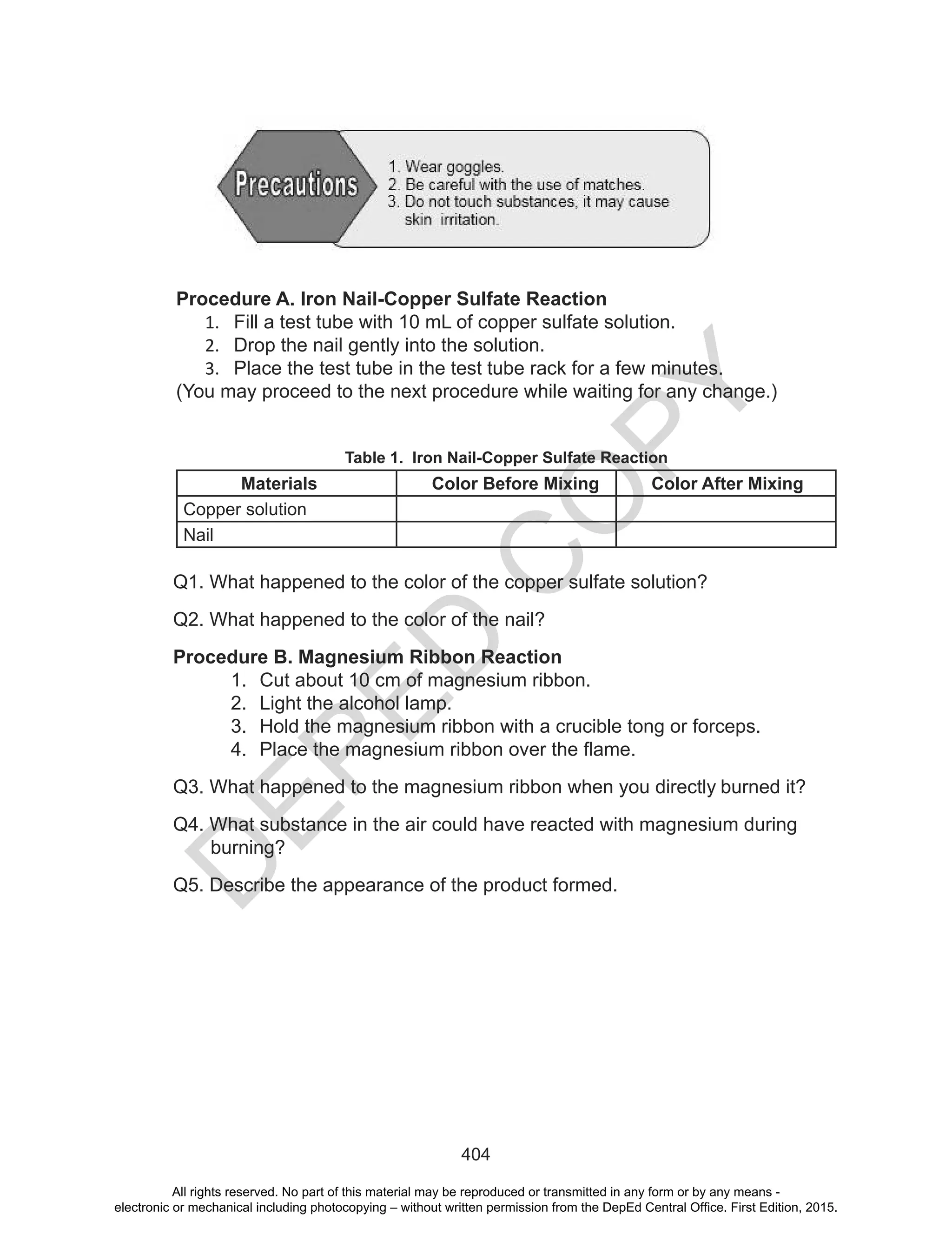 D
EPED
C
O
PY
404
Procedure A. Iron Nail-Copper Sulfate Reaction
1. Fill a test tube with 10 mL of copper sulfate solution.
2. Drop the nail gently into the solution.
3. Place the test tube in the test tube rack for a few minutes.
(You may proceed to the next procedure while waiting for any change.)
Table 1. Iron Nail-Copper Sulfate Reaction
Materials Color Before Mixing Color After Mixing
Copper solution
Nail
Q1. What happened to the color of the copper sulfate solution?
Q2. What happened to the color of the nail?
Procedure B. Magnesium Ribbon Reaction
1. Cut about 10 cm of magnesium ribbon.
2. Light the alcohol lamp.
3. Hold the magnesium ribbon with a crucible tong or forceps.
4. Place	the	magnesium	ribbon	over	the	flame.
Q3. What happened to the magnesium ribbon when you directly burned it?
Q4. What substance in the air could have reacted with magnesium during
burning?
Q5. Describe the appearance of the product formed.
All rights reserved. No part of this material may be reproduced or transmitted in any form or by any means -
electronic or mechanical including photocopying – without written permission from the DepEd Central Office. First Edition, 2015.
 
