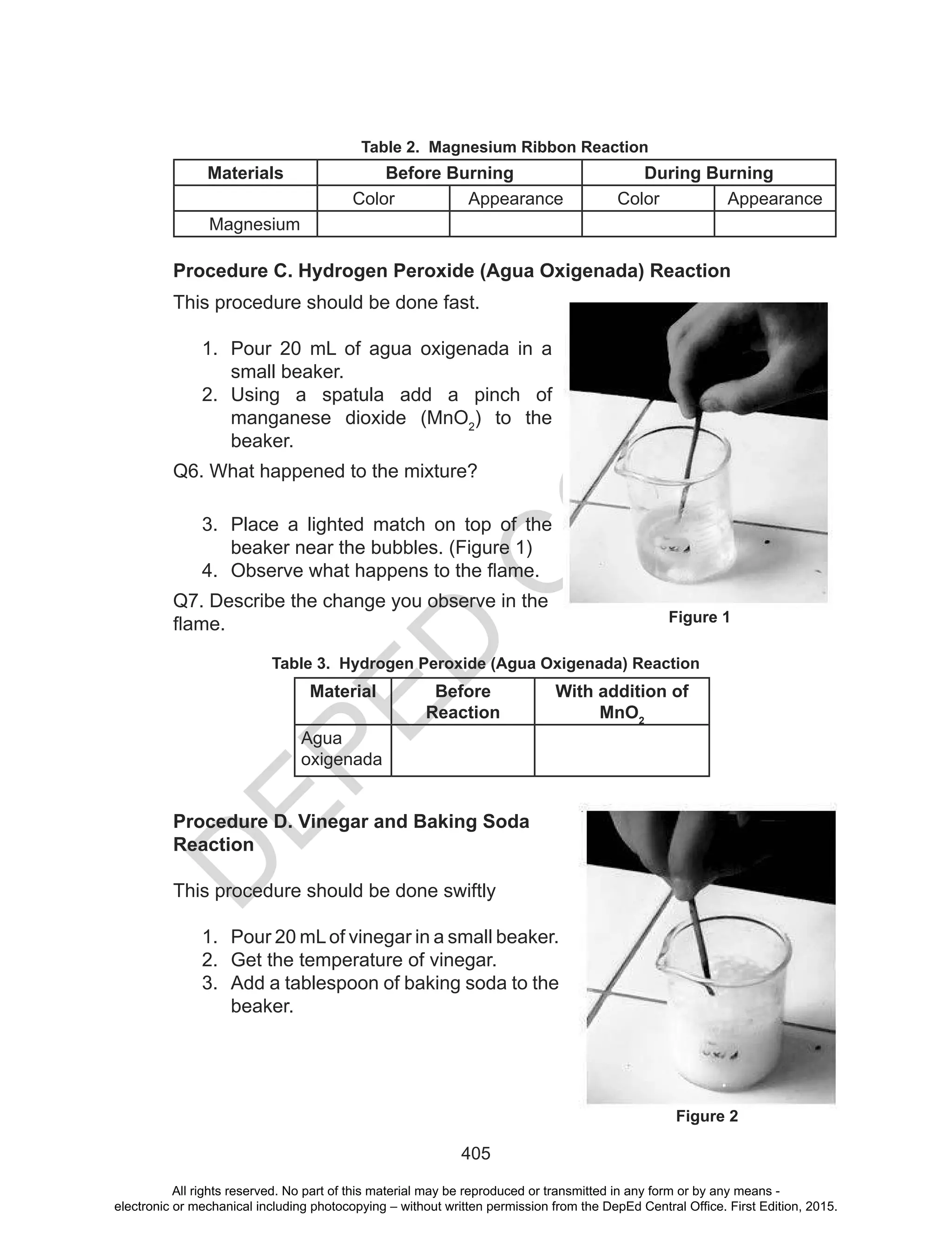 D
EPED
C
O
PY
405
Table 2. Magnesium Ribbon Reaction
Materials Before Burning During Burning
Color Appearance Color Appearance
Magnesium
Procedure C. Hydrogen Peroxide (Agua Oxigenada) Reaction
This procedure should be done fast.
1. Pour 20 mL of agua oxigenada in a
small beaker.
2. Using a spatula add a pinch of
manganese dioxide (MnO2
) to the
beaker.
Q6. What happened to the mixture?
3. Place a lighted match on top of the
beaker near the bubbles. (Figure 1)
4. Observe	what	happens	to	the	flame.
Q7. Describe the change you observe in the
flame.
Table 3. Hydrogen Peroxide (Agua Oxigenada) Reaction
Material Before
Reaction
With addition of
MnO2
Agua
oxigenada
Procedure D. Vinegar and Baking Soda
Reaction
This procedure should be done swiftly
1. Pour 20 mLof vinegar in a small beaker.
2. Get the temperature of vinegar.
3. Add a tablespoon of baking soda to the
beaker.
Figure 1
Figure 2
All rights reserved. No part of this material may be reproduced or transmitted in any form or by any means -
electronic or mechanical including photocopying – without written permission from the DepEd Central Office. First Edition, 2015.
 