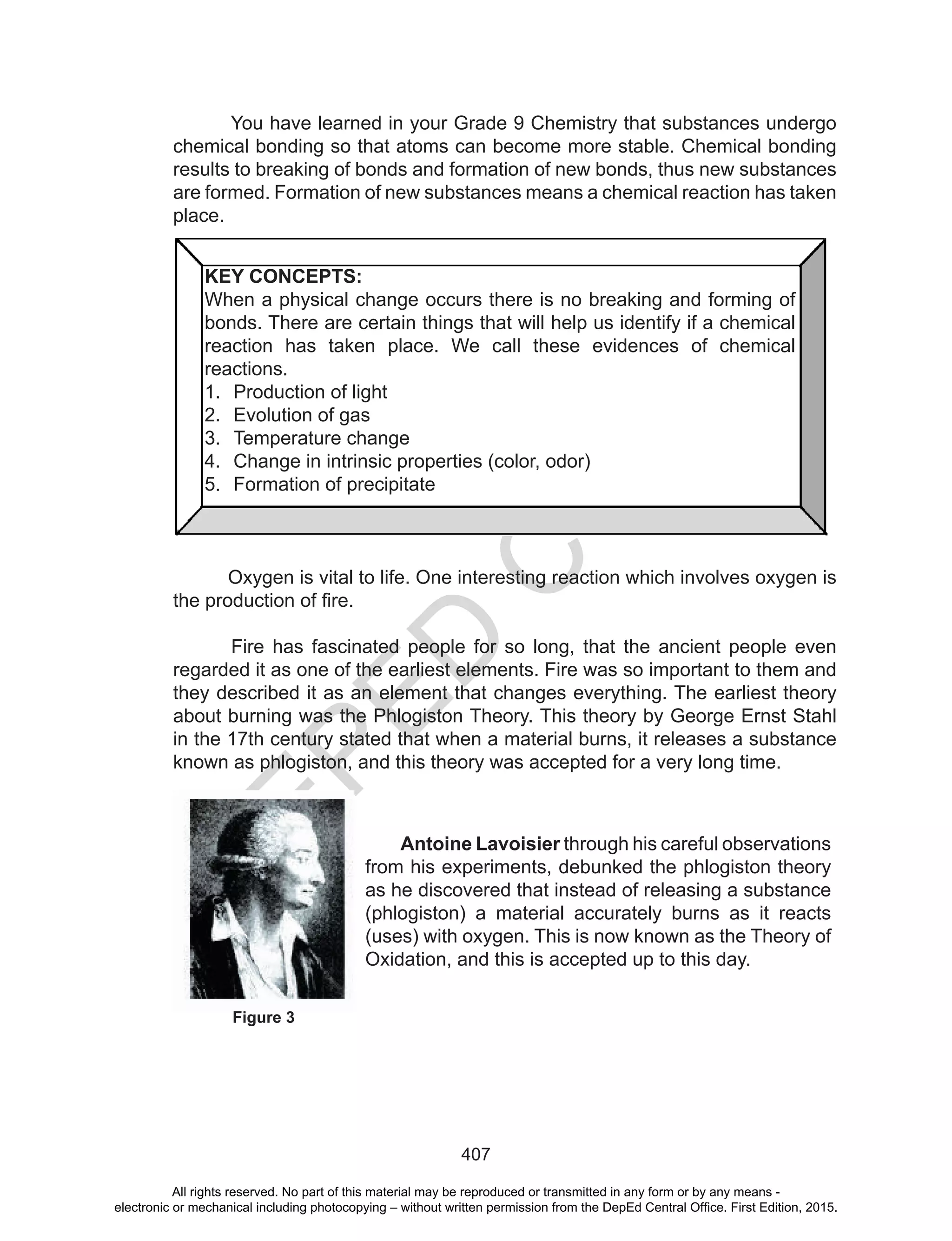 D
EPED
C
O
PY
407
You have learned in your Grade 9 Chemistry that substances undergo
chemical bonding so that atoms can become more stable. Chemical bonding
results to breaking of bonds and formation of new bonds, thus new substances
are formed. Formation of new substances means a chemical reaction has taken
place.
Oxygen is vital to life. One interesting reaction which involves oxygen is
the	production	of	fire.
Fire has fascinated people for so long, that the ancient people even
regarded it as one of the earliest elements. Fire was so important to them and
they described it as an element that changes everything. The earliest theory
about burning was the Phlogiston Theory. This theory by George Ernst Stahl
in the 17th century stated that when a material burns, it releases a substance
known as phlogiston, and this theory was accepted for a very long time.
Antoine Lavoisier through his careful observations
from his experiments, debunked the phlogiston theory
as he discovered that instead of releasing a substance
(phlogiston) a material accurately burns as it reacts
(uses) with oxygen. This is now known as the Theory of
Oxidation, and this is accepted up to this day.
KEY CONCEPTS:
When a physical change occurs there is no breaking and forming of
bonds. There are certain things that will help us identify if a chemical
reaction has taken place. We call these evidences of chemical
reactions.
1. Production of light
2. Evolution of gas
3. Temperature change
4. Change in intrinsic properties (color, odor)
5. Formation of precipitate
Figure 3
All rights reserved. No part of this material may be reproduced or transmitted in any form or by any means -
electronic or mechanical including photocopying – without written permission from the DepEd Central Office. First Edition, 2015.
 