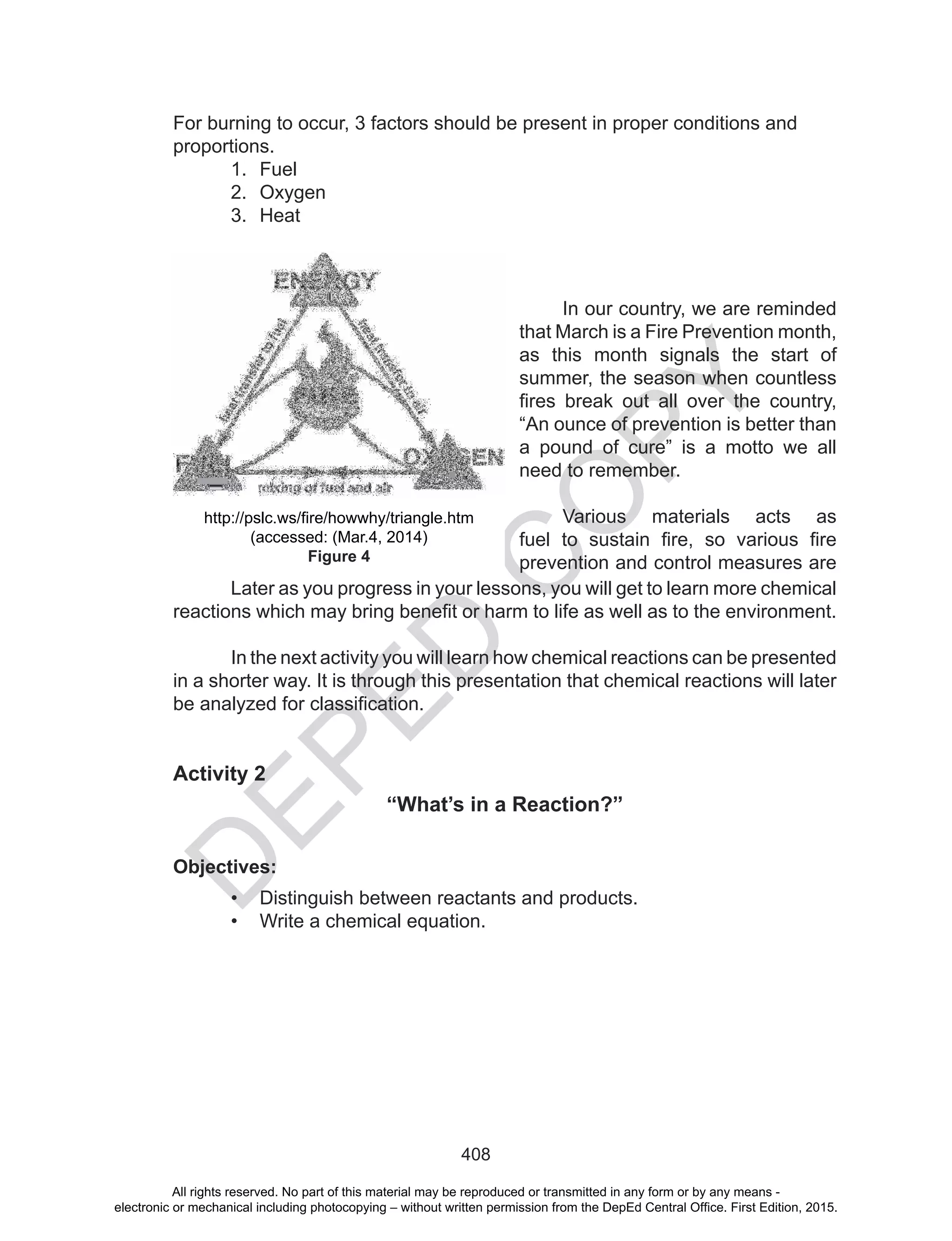 D
EPED
C
O
PY
408
For burning to occur, 3 factors should be present in proper conditions and
proportions.
1. Fuel
2. Oxygen
3. Heat
In our country, we are reminded
that March is a Fire Prevention month,
as this month signals the start of
summer, the season when countless
fires	 break	 out	 all	 over	 the	 country,	
“An ounce of prevention is better than
a pound of cure” is a motto we all
need to remember.
Various materials acts as
fuel	 to	 sustain	 fire,	 so	 various	 fire	
prevention and control measures are
Later as you progress in your lessons, you will get to learn more chemical
reactions	which	may	bring	benefit	or	harm	to	life	as	well	as	to	the	environment.
In the next activity you will learn how chemical reactions can be presented
in a shorter way. It is through this presentation that chemical reactions will later
be	analyzed	for	classification.
Activity 2
“What’s in a Reaction?”
Objectives:
• Distinguish between reactants and products.
• Write a chemical equation.
http://pslc.ws/fire/howwhy/triangle.htm		
(accessed: (Mar.4, 2014)
Figure 4
All rights reserved. No part of this material may be reproduced or transmitted in any form or by any means -
electronic or mechanical including photocopying – without written permission from the DepEd Central Office. First Edition, 2015.
 