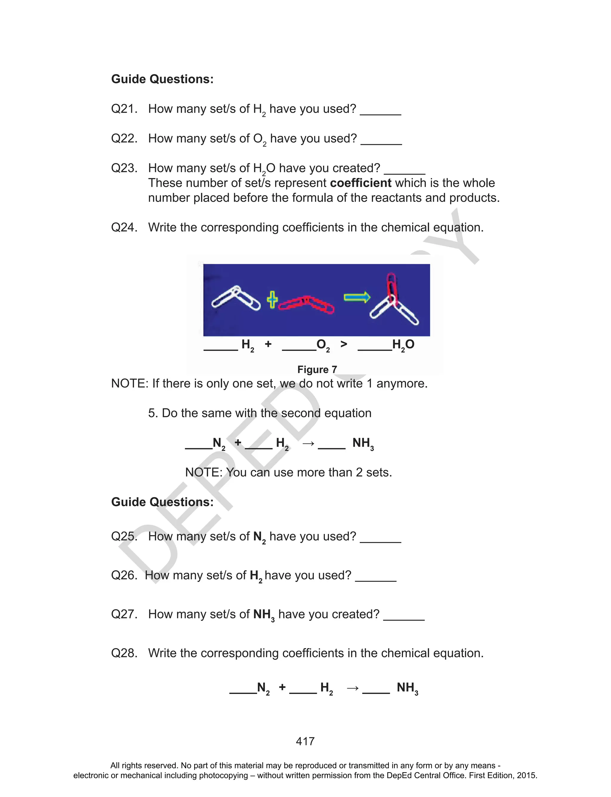 D
EPED
C
O
PY
417
Guide Questions:
Q21. How many set/s of H2
have you used? ______
Q22. How many set/s of O2
have you used? ______
Q23. How many set/s of H2
O have you created? ______
These number of set/s represent coefficient which is the whole
number placed before the formula of the reactants and products.
Q24.			Write	the	corresponding	coefficients	in	the	chemical	equation.					
NOTE: If there is only one set, we do not write 1 anymore.
5. Do the same with the second equation
____N2
+ ____ H2
→ ____ NH3
NOTE: You can use more than 2 sets.
Guide Questions:
Q25. How many set/s of N2
have you used? ______
Q26. How many set/s of H2
have you used? ______
Q27. How many set/s of NH3
have you created? ______
Q28.			Write	the	corresponding	coefficients	in	the	chemical	equation.
____N2
+ ____ H2
→ ____ NH3
_____ H2
+ _____O2
> _____H2
O
Figure 7
All rights reserved. No part of this material may be reproduced or transmitted in any form or by any means -
electronic or mechanical including photocopying – without written permission from the DepEd Central Office. First Edition, 2015.
 