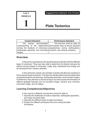 3
Content Standard Performance Standard
The learner demonstrates
understanding of the relationship
among the locations of volcanoes,
earthquake epicenter, and mountain
ranges
The learners shall be able to
demonstrate ways to ensure disaster
preparedness during earthquakes,
tsunamis, and volcanic eruptions.
Overview:
	 In the previous grade level, the students became familiar with the different
types of volcanoes. They were also able to determine the factors that give the
distinct conical shapes of volcanoes. Lastly, they understood how energy can
be harnessed from volcanic activities.
	 In this particular module, the activities included will allow the students to
find out what causes volcanism. The learners will also determine the relationship
among the locations of volcanoes, earthquake epicenters, and mountain ranges.
Furthermore, they will have a chance to figure out what causes the formation of
different geologic features such as mountain ranges, volcanic arcs, trenches,
mid-ocean ridges, and rift valleys.
Learning Competencies/Objectives
	 In this Learner’s Material, the learners should be able to:
	 1. Describe the distribution of active volcanoes, earthquake epicenters, 	
	 and major mountain belts.
	2. Describe the different types of plate boundaries.
	 3. Explain the different processes that occur along the plate 	 	 	
	 boundaries.
Unit 1
MODULE
1
Suggested time allotment: 12 to 16 hours
Plate Tectonics
 