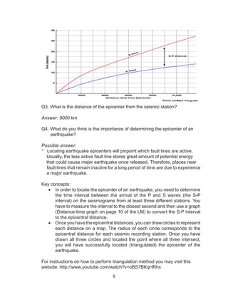 9
Q3. What is the distance of the epicenter from the seismic station?
Answer: 9000 km
Q4. What do you think is the importance of determining the epicenter of an
earthquake?
Possible answer:
* Locating earthquake epicenters will pinpoint which fault lines are active.
Usually, the less active fault line stores great amount of potential energy
that could cause major earthquake once released. Therefore, places near
fault lines that remain inactive for a long period of time are due to experience
a major earthquake.
Key concepts:
•	 In order to locate the epicenter of an earthquake, you need to determine
the time interval between the arrival of the P and S waves (the S-P
interval) on the seismograms from at least three different stations. You
have to measure the interval to the closest second and then use a graph
(Distance-time graph on page 10 of the LM) to convert the S-P interval
to the epicentral distance.
•	 Once you have the epicentral distances, you can draw circles to represent
each distance on a map. The radius of each circle corresponds to the
epicentral distance for each seismic recording station. Once you have
drawn all three circles and located the point where all three intersect,
you will have successfully located (triangulated) the epicenter of the
earthquake.
For instructions on how to perform triangulation method you may visit this
website: http://www.youtube.com/watch?v=oBS7BKqHRhs
 