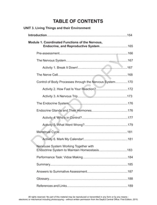 D
EPED
C
O
PY
UNIT 3. Living Things and their Environment
Introduction...........................................................................................164
Module 1. Coordinated Functions of the Nervous,
Endocrine, and Reproductive System................................165
Pre-assessment..............................................................................166
The Nervous System......................................................................167
Activity 1. Break It Down!........................................................167
The Nerve Cell...............................................................................168
Control of Body Processes through the Nervous System..............170
Activity 2. How Fast Is Your Reaction?....................................172
Activity 3. A Nervous Trip........................................................173
The Endocrine System...................................................................176
Endocrine Glands and Their Hormones.........................................176
Activity 4. Who’s in Control?....................................................177
Activity 5. What Went Wrong?.................................................179
Menstrual Cycle.............................................................................181
Activity 6. Mark My Calendar!..................................................181
Nervouse System Working Together with
Endoctrine System to Maintain Homeostasis................................183
Performance Task: Vidoe Making...................................................184
Summary........................................................................................185
Answers to Summative Assessment..............................................187
Glossary..........................................................................................188
References and Links.....................................................................189
TABLE OF CONTENTS
All rights reserved. No part of this material may be reproduced or transmitted in any form or by any means -
electronic or mechanical including photocopying – without written permission from the DepEd Central Office. First Edition, 2015.
 
