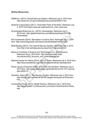 D
EPED
C
O
PY
190
(Online Resources)
ADAM Inc. (2013). Central Nervous System. Retrieved July 5, 2014 from:
http://www.nlm.nih.gov/medlineplus/ency/article/002311.htm
Alzeimer’s Association (2011). Three Main Parts of the Brain. Retrieved July
4, 2014 from:https://www.alz.org/braintour/3_main_parts.asp
Encyclopedia Britannica Inc. (2014). Homeostasis. Retrieved July 5,
2014 from: http://global.britannica.com/EBchecked/topic/270188/
homeostasis
KG Investments (2014). Stimulation Crucial to Devt. Retrieved July 3, 2014
from: http://www.kidsgrowth.com/resources/articledetail.cfm?id=259
MCB Berkely (2014). The Central Nervous System. Retrieved July 4, 2014
from:http://mcb.berkeley.edu/courses/mcb135e/central.html
Missouri University of Science and Technology (n.d.). Neuroscience.
Retrieved July 5, 2014 from: http://web.mst.edu/~rhall/
neuroscience/02_structure_and_pharmacology.pdf
National Center for Infants (2014). Zero to Three. Retrieved July 5, 2014 from:
http://www.zerotothree.org/child-development/brain-development/
Public Library of Science (2004). A Window into the Brain. Retrieved July 4,
2014 from: http://www.plosbiology.org/article/info:doi/10.1371/ journal.
pbio.0020115
Tamarkin, Dawn (2011). The Nervous System. Retrieved July 4, 2014 from:
http://faculty.stcc.edu/AandP/AP/AP1pages/nervssys/unit10/division.
htm
University of Texas (2012). Health Science. Retrieved July 3, 2014 from: 		
	 http://teachhealthk-12.uthscsa.edu/ curriculum/ brain/brain01e-Wires. 	
	asp
All rights reserved. No part of this material may be reproduced or transmitted in any form or by any means -
electronic or mechanical including photocopying – without written permission from the DepEd Central Office. First Edition, 2015.
 