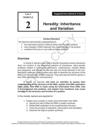 D
EPED
C
O
PY
191
Content Standard
The learners demonstrate understanding of…
•	 the information stored in DNA as being used to make proteins
•	 how changes in DNA molecule may cause changes in its product
•	 mutations that occur in sex cells as being inherited
Overview
	 In Grade 9, learners were able to identify characters whose inheritance
does not conform to the Mendelian patterns of inheritance, solve genetic
problems related to incomplete dominance, codominance, multiple alleles
and polygenes; and identify the law that was not strictly followed in the non-
Mendelian patterns. Learners were also able to describe the structure of the
DNA and make models of DNA molecule. They also learned that the genes in
their DNA influence their characteristics.
	 In Grade 10, learners will work on activities to assess their
understanding of the structure of the DNA, explain how DNA replication
takes place, how RNA is made using the information from DNA, how
it is transposed into proteins, and explain how mutations may cause
changes in the structure and function of a protein.
In this module, learners are expected to:
1.	 Explain how a protein is made using information from DNA.
a.	 Identify the role of DNA and RNA in protein synthesis
b.	 Relate DNA replication to its complementary structure.
c.	 Trace the process of replication, transcription and translation.
d.	 Describe the steps in protein synthesis.
Unit 3
MODULE
2
Suggested time allotment: 8 hours
Heredity: Inheritance
and Variation
All rights reserved. No part of this material may be reproduced or transmitted in any form or by any means -
electronic or mechanical including photocopying – without written permission from the DepEd Central Office. First Edition, 2015.
 
