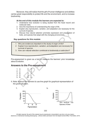 D
EPED
C
O
PY
222
Moreover, they will realize that the gift of human intelligence and abilities
carries great responsibility to protect life and the environment, and to increase
biodiversity.
At the end of this module the learners are expected to:
1.	 Understand how evolution is being studied from the fossil record and
molecular data.
2.	 Give the importance of understanding the origin of life.
3.	 Explain why reproduction, variation, and adaptation are necessary for the
survival of species.
4.	 Discuss how natural selection promotes expression and propagation of
traits, and species that adapt with the changing environment.
Key questions for this module:
Pre-assessment is given as a tool to measure the learners’ prior knowledge
about Evolution.
Answers to the Pre-assessment
1.	 A		 6. D
2.	 C		 7. A
3.	 B		 8. A
4.	 D		 9. C
5.	 B	 10. D
II. Note: Instruct the learners to use line graph for graphical representation of
the given situation.
1.	 b.
All rights reserved. No part of this material may be reproduced or transmitted in any form or by any means -
electronic or mechanical including photocopying – without written permission from the DepEd Central Office. First Edition, 2015.
 