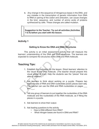 D
EPED
C
O
PY
193
4.	 Any change in the sequence of nitrogenous bases in the DNA, and
any mistake in the transcription of genetic information from DNA
to RNA or pairing of the codon and anticodon, can cause changes
in the kind, sequence, and number of amino acids of proteins
synthesized by cells. These changes are called mutation.
Activity 1
Getting to Know the DNA and RNA Structures
This activity is an initial assessment activity that will measure the
learners’ understanding of the DNA and RNA structures. The learners are
expected to compare the structures of the DNA and RNA molecule.
Teaching Tips:
1.	 Establish the motivation for the lesson. Direct learners’ attention to
the visual of the DNA molecule. (The teacher should prepare this
visual ahead of time). Help the students see the “pieces” that are
alike or different.
2.	 Ask learners to think about working on a puzzle. Prepare two
separate sets of RNA and DNA nucleotides [six(6) pieces each set].
The teacher can use the DNA and RNA nucleotides on pages ___
and ___.
3.	 Tell one group of learners to put together the nucleotides of the DNA
molecule and the nucleotides of the RNA molecule, as if fitting the
pieces in a puzzle.
4.	 Ask learners to show their output.
5.	 Ask leading questions to the activity.
•	 How is DNA different from RNA?
•	 What nitrogen bases are found in DNA and RNA?
Suggestion to the Teacher: Try out all activities (Activities
1 to 6) before you start with the lesson.
All rights reserved. No part of this material may be reproduced or transmitted in any form or by any means -
electronic or mechanical including photocopying – without written permission from the DepEd Central Office. First Edition, 2015.
 