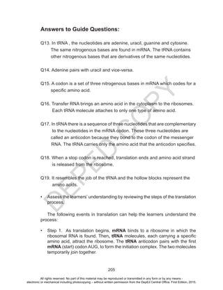 D
EPED
C
O
PY
205
Answers to Guide Questions:
Q13. In tRNA , the nucleotides are adenine, uracil, guanine and cytosine.
The same nitrogenous bases are found in mRNA. The tRNA contains
other nitrogenous bases that are derivatives of the same nucleotides.
Q14. Adenine pairs with uracil and vice-versa.
Q15. A codon is a set of three nitrogenous bases in mRNA which codes for a
specific amino acid.
Q16. Transfer RNA brings an amino acid in the cytoplasm to the ribosomes.
Each tRNA molecule attaches to only one type of amino acid.
Q17. In tRNA there is a sequence of three nucleotides that are complementary
to the nucleotides in the mRNA codon. These three nucleotides are
called an anticodon because they bond to the codon of the messenger
RNA. The tRNA carries only the amino acid that the anticodon specifies.
Q18. When a stop codon is reached, translation ends and amino acid strand
is released from the ribosome.
Q19. It resembles the job of the tRNA and the hollow blocks represent the
amino acids.
•	 Assess the learners’ understanding by reviewing the steps of the translation
process.
The following events in translation can help the learners understand the
process:
•	 Step 1. As translation begins, mRNA binds to a ribosome in which the
ribosomal RNA is found. Then, tRNA molecules, each carrying a specific
amino acid, attract the ribosome. The tRNA anticodon pairs with the first
mRNA (start) codon AUG, to form the initiation complex. The two molecules
temporarily join together.
All rights reserved. No part of this material may be reproduced or transmitted in any form or by any means -
electronic or mechanical including photocopying – without written permission from the DepEd Central Office. First Edition, 2015.
 