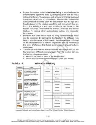 D
EPED
C
O
PY
224
•	 In your discussion, state that relative dating is a method used to
determine the age of the rocks by comparing them with the rocks
in the other layers. The younger rock is found on the top layer and
the older rock is found in bottom layer. Mention also that relative
dating method depends upon the assumption that the age of a
fossil is based on the relative age of the rock from which they are
found; the technique is also used to date the rock based on the
fossil it contained. This makes the method unreliable and require
Carbon -14 dating, other radioisotopes dating, and molecular
techniques.
•	 Point out that some fossils have no living representatives today
due to extinction. By comparing the fossils in the different rock
layers, scientists were able to predict the changes that occurred
in the characteristics of various organisms and to reconstruct
the order of changes that these generations of organisms have
undergone.
•	 The teacher may ask the learners to draw a rock layer and put the
four examples of fossils in every layer. Then the teacher can ask
the learners these questions:
a.	 Which of the fossils is found at the deepest layer?
b.	 Which is found at the uppermost layer? Explain your answer.
Activity 1A			 Where Do I Belong
Images of trilobite and crinoid stem taken from The Virtual Petrified Wood Museum
All rights reserved. No part of this material may be reproduced or transmitted in any form or by any means -
electronic or mechanical including photocopying – without written permission from the DepEd Central Office. First Edition, 2015.
 