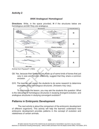 D
EPED
C
O
PY
228
Activity 2
AHA! Analogous! Homologous!
Directions: Write, in the space provided, H if the structures below are
homologous and A if they are analogous.
Activity from Payawal P. (1993)
Q9. Yes, because their forelimbs are made up of same kinds of bones that just
vary in size and function differently, suggest that they share a common
ancestor.
Q10. The teacher can assign the students to do some research to determine
examples about homologous structures. (Answers may vary).
To summarize the lesson, you may ask the students this question: What
is the relevance of homologous structures in studying divergent evolution, and
analogous structures in studying convergent evolution?
Patterns in Embryonic Development	
	The next activity is about the comparison of the embryonic development
of different organisms. This activity will help the learners understand how
embryonic development provides patterns in the concept of evolution and
relatedness of certain animals.
H
H
H
A
All rights reserved. No part of this material may be reproduced or transmitted in any form or by any means -
electronic or mechanical including photocopying – without written permission from the DepEd Central Office. First Edition, 2015.
 