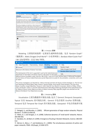 图 1. 4 Analysis 菜单
Modeling 主要使用来按照一定要求生成网络的功能，包含 Random Graph①
（随机图）、Watts-Strogatz Small World②
（小世界网络）、Barabasi-Albert Scale-Free③
（BA 无标度网络）以及 TARL④
网络。
图 1. 5 Modeling 菜单
Visualization 主要为数据的可视化功能，包含了 General、Temporal、Geospatial、
Topical 以及 Networks 的可视化分析。General 中包含使用 GnuPlot 绘图功能、
Temporal 包含 Temporal Bar Graph 的可视化功能、Geospatial 中包含的地理可视
① Batagelj, V., and Brandes, U. (2005). Efficient generation of large random networks. Physical
Review E. 71:036113-036118.
② Watts, D. J. and Strogatz, S. H. (1998). Collective dynamics of 'small-world' networks. Nature.
393:440-442.
③ Barabási, A-L. & Albert, R. (1999). Emergence of Scaling in Random Networks. Science. 286:509-
512.
④ Börner, K., Maru, J. T. and Goldstone, R. L. (2004). The simultaneous evolution of author and
paper networks. PNAS. 101(Suppl_1):5266-5273.
 
