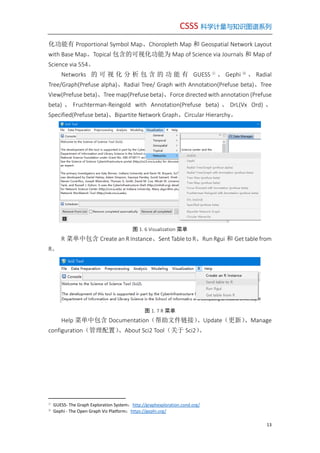 CSSS 科学计量与知识图谱系列
13
化功能有 Proportional Symbol Map、Choropleth Map 和 Geospatial Network Layout
with Base Map。Topical 包含的可视化功能为 Map of Science via Journals 和 Map of
Science via 554。
Networks 的 可 视 化 分 析 包 含 的 功 能 有 GUESS ①
、 Gephi ②
、 Radial
Tree/Graph(Prefuse alpha)、Radial Tree/ Graph with Annotation(Prefuse beta)、Tree
View(Prefuse beta)、Tree map(Prefuse beta)、Force directed with annotation (Prefuse
beta) 、 Fruchterman-Reingold with Annotation(Prefuse beta) 、 DrL(Vx Ord) 、
Specified(Prefuse beta)、Bipartite Network Graph、Circular Hierarchy。
图 1. 6 Visualization 菜单
R 菜单中包含 Create an R Instance、Sent Table to R、Run Rgui 和 Get table from
R。
图 1. 7 R 菜单
Help 菜单中包含 Documentation（帮助文件链接）、Update（更新）、Manage
configuration（管理配置）、About Sci2 Tool（关于 Sci2）。
①
GUESS- The Graph Exploration System：http://graphexploration.cond.org/
②
Gephi - The Open Graph Viz Platform：https://gephi.org/
 