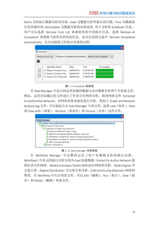 CSSS 科学计量与知识图谱系列
15
Name 为所执行数据分析的名称、Date 为数据分析所执行的日期、Time 为数据执
行的具体时刻、%Complete 为数据分析的具体进度。对于分析的 Scheduler 信息，
用户可以选择 Remove From List 来移除列表中的执行信息，选择 Remove all
Completed 来移除当前所有的列表信息。也可以直接点选中 Remove Completed
automatically，以自动移除已经执行结束的过程。
图 1. 11 Scheduler 的信息
在 Data Manager 中显示的是所加载的数据以及对数据分析所产生的新文件。
例如，这里对加载后的文件进行了作者合作网络分析，得到网络文件 Extracted
Co-Authorship Network；对网络的基本情况进行分析，得到了 Graph and Network
Analysis Log 文件。可以鼠标右击 Data Manager 中的文件，选择 save（保存）、View
或 View with（浏览）、Rename（重命名）和 Discard（舍弃）这些文件。
图 1. 12 Data Manager 中的信息
在 Workflow Manager 中完整的记录了用户对数据分析的执行过程。
Workflow1 中显示的执行过程分别为 load 加载数据、Extract Co-Author Network 提
取作者合作网络、Network Analysis Toolkit (NAT)进行网络的分析、Node Degree 节
点度计算、Degree Distribution 节点度分布分析、SLM Community Detection 网络的
聚类。在 Workflow 中右击列表文件，可以 Edit（编辑）、Run（执行）、Save（保
存）和 Delete（删除）列表文件。
 