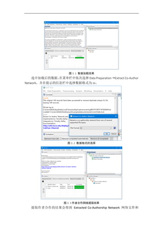 图 3. 1 数据加载结果
选中加载后的数据，在菜单栏中依次选择 Data Preparation Extract Co-Author
Network，并在提示的信息栏中选择数据格式为 isi。
图 3. 2 数据格式的选择
图 3. 3 作者合作网络提取结果
提取作者合作的结果会得到 Extracted Co-Authorship Network 网络文件和
 