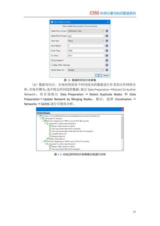 CSSS 科学计量与知识图谱系列
27
图 20 数据时间切片的参数
（2）数据切分后，分别对得到各个时间段内的数据进行作者的合作网络分
析。具体步骤为：选中特定时间段的数据，执行 Data Preparation Extract Co-Author
Network ， 再 分 别 执 行 Data Preparation  Detect Duplicate Nodes 和 Data
Preparation Update Network by Merging Nodes，最后，选择 Visualization 
Networks  GUESS 进行可视化分析。
图 3. 8 对经过时间切片的网络分别进行分析
 