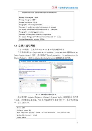 CSSS 科学计量与知识图谱系列
31
This network does not seem to be a valued network.
Average total degree: 2.4588
Average in degree: 1.2294
Average out degree: 1.2294
This graph is not weakly connected.
There are 25 weakly connected components. (0 isolates)
The largest connected component consists of 1704 nodes.
This graph is not strongly connected.
There are 2097 strongly connected components.
The largest strongly connected component consists of 1 nodes.
Density (disregarding weights): 0.0006
4.4 文献共被引网络
打开 sci2 软件，点击菜单 Load  File 来加载要分析的数据。
点击菜单选择 Data Preparation Extract Paper Citation Network。得到Extracted
Paper-Citation Network 网络，选中后执行 Data Preparation Extract Document Co-
Citation Network，得到 Co-citation Similarity Network 文献的共被引网络。
图 25 文献共被引网络的提取
通过菜单栏 AnalysisNetworksNetwork Analysis Toolkit 得到网络分析的基
本结果。从分析的结果来看，网络中共包含有节点数量 2097 个，孤立节点有 82
个，边有 60938 个。
Nodes: 2097
Isolated nodes: 82
Node attributes present: label, localcitationcount, inoriginaldataset,
globalcitationcount, cited
Edges: 60938
 