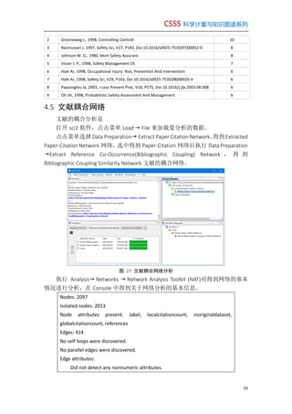 CSSS 科学计量与知识图谱系列
33
2 Groeneweg J., 1998, Controlling Controll 10
3 Rasmussen J, 1997, Safety Sci, V27, P183, Doi 10.1016/s0925-7535(97)00052-0 8
4 Johnson W. G., 1980, Mort Safety Assuranc 8
5 Visser J. P., 1998, Safety Management Ch 7
6 Hale Ar, 1998, Occupational Injury: Risk, Prevention And Intervention 6
7 Hale Ar, 1998, Safety Sci, V29, P163, Doi 10.1016/s0925-7535(98)00020-4 6
8 Papazoglou Ia, 2003, J Loss Prevent Proc, V16, P575, Doi 10.1016/j.jlp.2003.08.008 6
9 Oh Jih, 1998, Probabilistic Safety Assessment And Management 6
4.5 文献耦合网络
文献的耦合分析是
打开 sci2 软件，点击菜单 Load  File 来加载要分析的数据。
点击菜单选择 Data Preparation Extract Paper Citation Network。得到Extracted
Paper-Citation Network 网络，选中得到 Paper-Citation 网络后执行 Data Preparation
Extract Reference Co-Occurrence(Bibliographic Coupling) Network ， 得 到
Bibliographic Coupling Similarity Network 文献的耦合网络。
图 27 文献耦合网络分析
执行 Analysis Networks  Network Analysis Toolkit (NAT)对得到网络的基本
情况进行分析，在 Console 中得到关于网络分析的基本信息。
Nodes: 2097
Isolated nodes: 2013
Node attributes present: label, localcitationcount, inoriginaldataset,
globalcitationcount, references
Edges: 414
No self loops were discovered.
No parallel edges were discovered.
Edge attributes:
Did not detect any nonnumeric attributes.
 