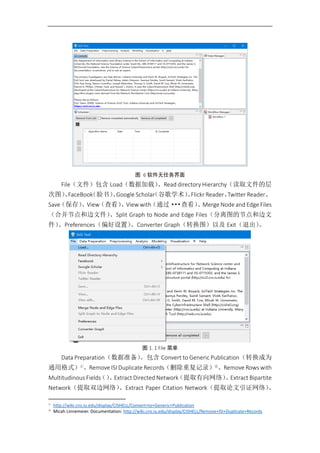 图 6 软件无任务界面
File（文件）包含 Load（数据加载）、Read directory Hierarchy（读取文件的层
次图）、FaceBook（脸书）、Google Scholar（谷歌学术）、Flickr Reader、Twitter Reader、
Save（保存）、View（查看）、View with（通过···查看）、Merge Node and Edge Files
（合并节点和边文件）、Split Graph to Node and Edge Files（分离图的节点和边文
件）、Preferences（偏好设置）、Converter Graph（转换图）以及 Exit（退出）。
图 1. 1 File 菜单
Data Preparation（数据准备）。包含 Convert to Generic Publication（转换成为
通用格式）①
、Remove ISI Duplicate Records（删除重复记录）②
、Remove Rows with
Multitudinous Fields（）、Extract Directed Network（提取有向网络）、Extract Bipartite
Network（提取双边网络）、Extract Paper Citation Network（提取论文引证网络）、
①
http://wiki.cns.iu.edu/display/CISHELL/Convert+to+Generic+Publication
②
Micah Linnemeier. Documentation: http://wiki.cns.iu.edu/display/CISHELL/Remove+ISI+Duplicate+Records
 