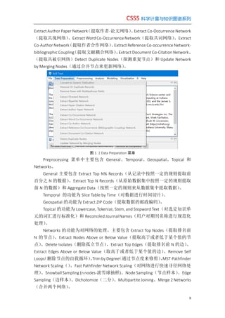 CSSS 科学计量与知识图谱系列
9
Extract Author Paper Network（提取作者-论文网络）、Extract Co-Occurrence Network
（提取共现网络）、Extract Word Co-Occurrence Network（提取共词网络）、Extract
Co-Author Network（提取作者合作网络）、Extract Reference Co-occurrence Network-
bibliographic Coupling（提取文献耦合网络）、Extract Document Co-Citation Network、
（提取共被引网络）Detect Duplicate Nodes（探测重复节点）和 Update Network
by Merging Nodes（通过合并节点来更新网络）。
图 1. 2 Data Preparation 菜单
Preprocessing 菜单中主要包含 General、Temporal、Geospatial、Topical 和
Networks。
General 主要包含 Extract Top N% Records（从记录中按照一定的规则提取前
百分之 N 的数据）、Extract Top N Records（从原始数据集中按照一定的规则提取
前 N 的数据）和 Aggregate Data（按照一定的规则来从数据集中提取数据）。
Temporal 的功能为 Slice Table by Time（对数据进行时间切片）。
Geospatial 的功能为 Extract ZIP Code（提取数据的邮政编码）。
Topical 的功能为 Lowercase, Tokenize, Stem, and Stopword Text（对选定知识单
元的词汇进行标准化）和 Reconciled Journal Names（用户对期刊名称进行规范化
处理）。
Networks 的功能为对网络的处理。主要包含 Extract Top Nodes（提取排名前
N 的节点）、Extract Nodes Above or Below Value（提取高于或者低于某个值的节
点）、Delete Isolates（删除孤立节点）、Extract Top Edges（提取排名前 N 的边）、
Extract Edges Above or Below Value（取高于或者低于某个值的边）、Remove Self
Loops（删除节点的自我循环）、Trim by Degree（通过节点度来修剪）、MST-Pathfinder
Network Scaling（）、Fast Pathfinder Network Scaling（对网络进行快速寻径网络处
理）、Snowball Sampling (n nodes-滚雪球抽样)、Node Sampling（节点样本）、Edge
Sampling（边样本）、Dichotomize（二分）、Multipartite Joining、Merge 2 Networks
（合并两个网络）。
 