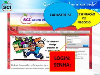 Como acompanhar a sua rede?
www.scipiracicaba.com
APRESENTAÇÃO
DE
NEGÓCIO
CADASTRE-SE
LOGIN:
SENHA:
 