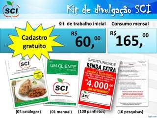 Kit de divulgação SCI
60,00
R$
165,
00R$
Kit de trabalho inicial Consumo mensal
(05 catálogos) (01 manual) (100 panfletos) (10 pesquisas)
Cadastro
gratuito
 