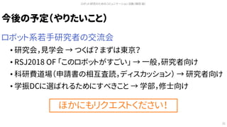今後の予定（やりたいこと）
ロボット系若手研究者の交流会
• 研究会，見学会 → つくば？ まずは東京？
• RSJ2018 OF 「このロボットがすごい」 → 一般，研究者向け
• 科研費道場（申請書の相互査読，ディスカッション） → 研究者向け
• 学振DCに選ばれるためにすべきこと → 学部，修士向け
ロボット研究のためのコミュニケーション活動（槇田 諭）
31
ほかにもリクエストください！
 