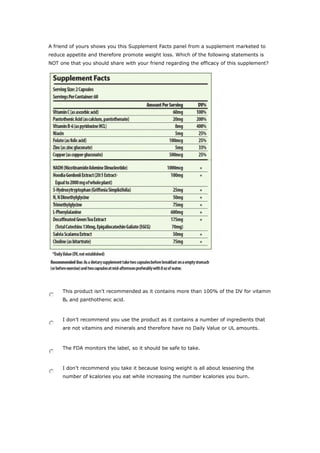 A friend of yours shows you this Supplement Facts panel from a supplement marketed to
reduce appetite and therefore promote weight loss. Which of the following statements is
NOT one that you should share with your friend regarding the efficacy of this supplement?
This product isn’t recommended as it contains more than 100% of the DV for vitamin
B6 and panthothenic acid.
I don’t recommend you use the product as it contains a number of ingredients that
are not vitamins and minerals and therefore have no Daily Value or UL amounts.
The FDA monitors the label, so it should be safe to take.
I don’t recommend you take it because losing weight is all about lessening the
number of kcalories you eat while increasing the number kcalories you burn.
 