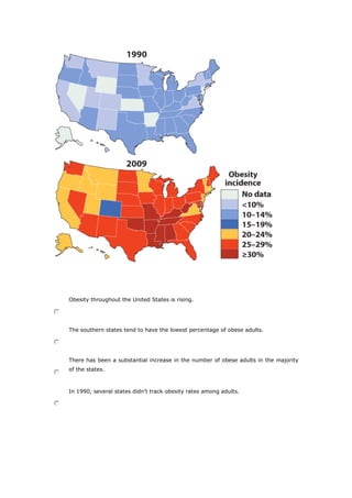 Obesity throughout the United States is rising.
The southern states tend to have the lowest percentage of obese adults.
There has been a substantial increase in the number of obese adults in the majority
of the states.
In 1990, several states didn’t track obesity rates among adults.
 