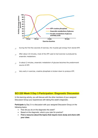 During the first few seconds of exercise, the muscles get energy from stored ATP.
After about 10 minutes, most of the ATP used to fuel exercise is produced by
anaerobic metabolism.
In about 2 minutes, anaerobic metabolism of glucose becomes the predominant
source of ATP.
Very early in exercise, creatine phosphate is broken down to produce ATP.
SCI 220 Week 5 Day 3 Participation: Diagnostic Discussion
In this learning activity, you will discuss with the other members of your assigned
Discussion Group your experiences with taking this week's diagnostic.
Participate by Day 3 in a discussion with your assigned Discussion Group on the
following topics:
• How did you do on the diagnostic this week?
• Based on the diagnostic, what is your plan for practice?
• Find a resource about the topics that require more study and share with
your class.
 