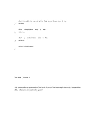 alert the public to prevent further food borne illness when it has
occurred.
catch contamination after it has
occurred.
clean up contamination after it has
occurred.
prevent contamination.
Test Bank, Question 59
This graph charts the growth rate of the infant. Which of the following is the correct interpretation
of the information provided in this graph?
 