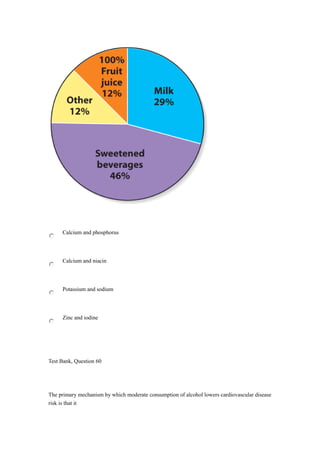 Calcium and phosphorus
Calcium and niacin
Potassium and sodium
Zinc and iodine
Test Bank, Question 60
The primary mechanism by which moderate consumption of alcohol lowers cardiovascular disease
risk is that it
 