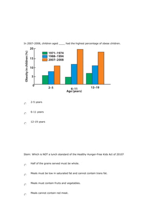 In 2007-2008, children aged ____ had the highest percentage of obese children.
2-5 years
6-11 years
12-19 years
Stem: Which is NOT a lunch standard of the Healthy Hunger-Free Kids Act of 2010?
Half of the grains served must be whole.
Meals must be low in saturated fat and cannot contain trans fat.
Meals must contain fruits and vegetables.
Meals cannot contain red meat.
 