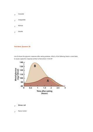 Insoluble
Indigestible
Refined
Soluble
Test Bank, Question 36
Line B shows the glycemic response after eating potatoes. Which of the following foods is most likely
to cause a glycemic response similar to that shown in line B?
Dinner roll
Peanut butter
 