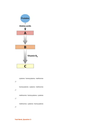 cysteine: homocysteine: methionine
homocysteine: cysteine: methionine
methionine: homocysteine: cysteine
methionine: cysteine: homocysteine
Test Bank, Question 3
 