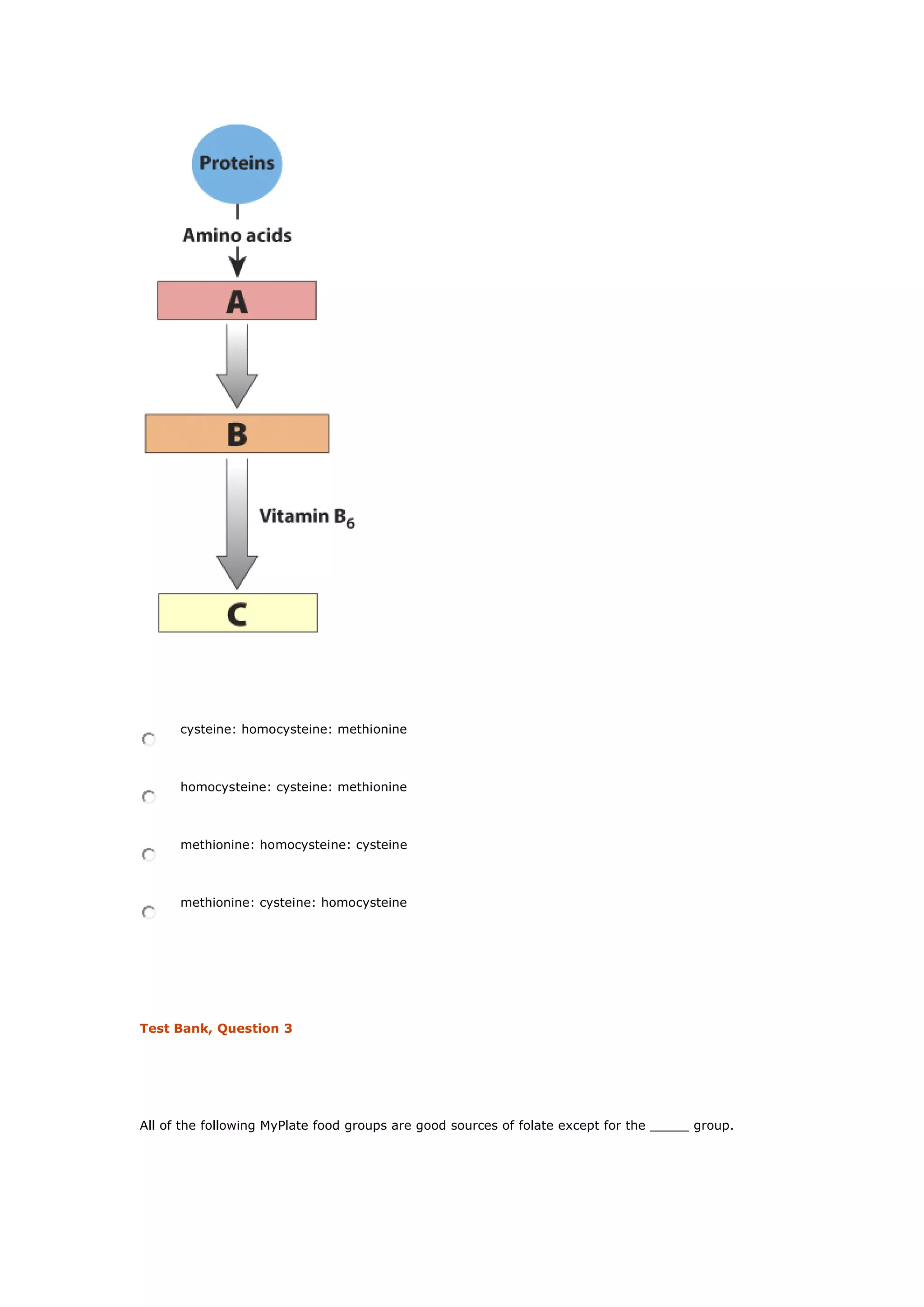 cysteine: homocysteine: methionine
homocysteine: cysteine: methionine
methionine: homocysteine: cysteine
methionine: cysteine: homocysteine
Test Bank, Question 3
All of the following MyPlate food groups are good sources of folate except for the _____ group.
 