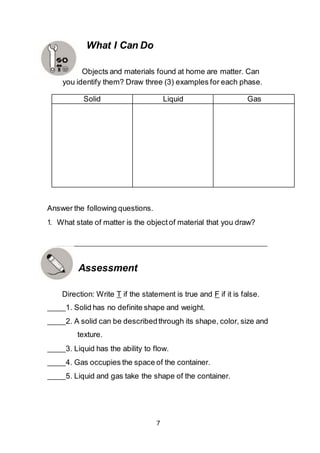 7
Solid Liquid Gas
Answer the following questions.
1. What state of matter is the objectof material that you draw?
Assessment
Direction: Write T if the statement is true and F if it is false.
1. Solid has no definite shape and weight.
2. A solid can be describedthrough its shape, color, size and
texture.
3. Liquid has the ability to flow.
4. Gas occupies the space of the container.
5. Liquid and gas take the shape of the container.
What I Can Do
Objects and materials found at home are matter. Can
you identify them? Draw three (3) examples for each phase.
 