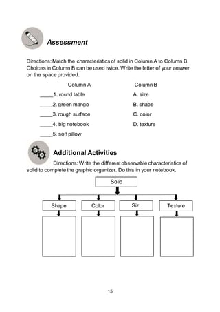 15
Solid
Shape Color Siz
e
Texture
Assessment
Directions:Match the characteristics of solid in Column A to Column B.
Choices in Column B can be used twice. Write the letter of your answer
on the space provided.
Column A Column B
1. round table A. size
2. green mango B. shape
3. rough surface C. color
4. big notebook D. texture
5. soft pillow
Additional Activities
Directions:Write the differentobservable characteristics of
solid to complete the graphic organizer. Do this in your notebook.
 