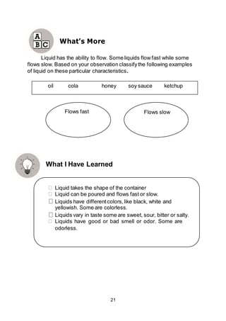 21
oil cola honey soy sauce ketchup
Flows fast Flows slow
What’s More
Liquid has the ability to flow. Some liquids flow fast while some
flows slow. Based on your observation classifythe following examples
of liquid on these particular characteristics.
What I Have Learned
Liquid takes the shape of the container
Liquid can be poured and flows fast or slow.
Liquids have differentcolors,like black, white and
yellowish. Some are colorless.
Liquids vary in taste some are sweet, sour, bitter or salty.
Liquids have good or bad smell or odor. Some are
odorless.
 