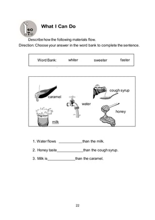 22
Word Bank: whiter sweeter faster
cough syrup
caramel
water
honey
milk
1. Water flows than the milk.
2. Honey taste than the coughsyrup.
3. Milk is than the caramel.
What I Can Do
Describe how the following materials flow.
Direction: Choose your answer in the word bank to complete the sentence.
 