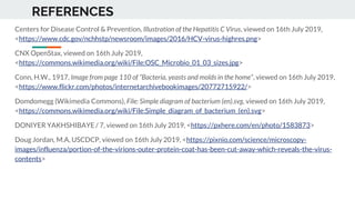 REFERENCES
Centers for Disease Control & Prevention, Illustration of the Hepatitis C Virus, viewed on 16th July 2019,
<https://www.cdc.gov/nchhstp/newsroom/images/2016/HCV-virus-highres.png>
CNX OpenStax, viewed on 16th July 2019,
<https://commons.wikimedia.org/wiki/File:OSC_Microbio_01_03_sizes.jpg>
Conn, H.W., 1917, Image from page 110 of “Bacteria, yeasts and molds in the home”, viewed on 16th July 2019,
<https://www.flickr.com/photos/internetarchivebookimages/20772715922/>
Domdomegg (Wikimedia Commons), File: Simple diagram of bacterium (en).svg, viewed on 16th July 2019,
<https://commons.wikimedia.org/wiki/File:Simple_diagram_of_bacterium_(en).svg>
DONIYER YAKHSHIBAYE / 7, viewed on 16th July 2019, <https://pxhere.com/en/photo/1583873>
Doug Jordan, M.A, USCDCP, viewed on 16th July 2019, <https://pixnio.com/science/microscopy-
images/influenza/portion-of-the-virions-outer-protein-coat-has-been-cut-away-which-reveals-the-virus-
contents>
 