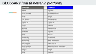 GLOSSARY [will fit better in platform]
ENGLISH SPANISH
attach adjuntar
be of benefit ser de beneficio
burst ráfaga
can lead to puede llevar a
copies of Copias de
crops cultivos
disease enfermedad
enclosed adjunto
even incluso
eventually finalmente
float freely flotar libremente
focusing on enfocado en
food spoilage deterioro de los alimentos
fungus hongo
host anfitrión
 