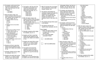 4. The teacher, with the aid of her
PowerPoint presentation and
video clips will discuss the said
topics. (E1, T)
Seasons
o Two seasons
o Four seasons
5. After the lesson proper, the
teacher will give a short formative
test. Answers will be written on a
¼ sheet of paper. (E2, T)
1.) The earth is titled to how many
degrees?
A. 23 1/2
B. 23 1/4
C. 23
2.) Philippines has how many distinct
seasons?
A. 1
B. 2
C. 3
3.) What are the four different seasons?
A. winter, spring, dry, wet
B. winter, spring, summer, fall
C. cold, spring, hot, fall
4.) Why is it that Philippines don‘t
experience the four seasons?
A. near the polar region
B. we are on the ring of fire
C. near the equator
5.) Earth completes one revolution around
the sun in____ days.
A. 365
B. 365 1/2
C. 365 1/4
6. Students are free to raise their
hands and ask questions to the
teacher with respect and intellect.
(T, O)
7. Volunteer students will be called
for recitation. (E2, R, T)
8. Students will submit their scores
written on a ¼ sheet of paper
through ‗canter aisle-forward‘
3. The teacher, with the aid of her
PowerPoint presentation and
video clip will introduce and
discuss the said topic. (E1, T)
Types of climate
o Climate Type I
o Climate Type II
o Climate Type III
o Climate Type IV
4. After the lesson proper, the
teacher will give a short formative
test. Answers will be written on a
¼ sheet of paper. (E2, T)
Determine the type of climate experienced
in the following places:
1.) Mindoro
2.) Catanduanes
3.) Albay
4.) Isabela
5.) Romblon
5. Volunteer students will be called
for recitation. (E2, R, T)
6. Students are free to raise their
hands and ask questions to the
teacher with respect and intellect.
(T, O)
7. Students will submit their scores
written on a ¼ sheet of paper
through ‗canter aisle-forward‘
manner. (O)
8. The teacher will remind the
students to read and review
about the seasons and types of
climates for a quiz the next day.
(R).
Biblical Text for the day:
Ecclesiastes 3:1-8 For everything there
is a season, and a time for every matter
2. After 30 minutes time, the papers
will be collected by ‗center aisle-
forward‘ manner. (O)
3. The teacher will facilitate the
exchange of papers and guide the
students on the checking of
papers. The students will now
provide the answers to the
questions found in their quiz. (E2,
R)
4. The students will give their scores
to the teacher.
5. The teacher will leave the
students their homework. (E2, R)
Home Delight:
Read ‗The Solar System‘ found
on pages 230-231 of their
Science book.
On a short bond paper
accomplish Pretest.
ACCOMPLISHED
NOT ACCOMPLISHED
Enthusiastic Mother Just Sent Us
Noodles. This will lead the class
to the next lesson, the sun. (H)
3. The teacher will introduce the
lesson objective/s again to the
students for them to be guided
along the discussion: (W)
State that the sun is the center of the
solar system.
Describe the structure and the features
of the sun.
Enumerate solar phenomena and their
effects on earth.
4. The teacher, with the aid of her
PowerPoint presentation or visual
aids will introduce the said topic.
(E1, T)
The Sun
o Characteristics of the Sun
 Size
 Distance
o Layers of the Sun
 Temperature
o Source of Energy
o Solar Phenomena
 Sunspots
 Solar flares
 Solar wind
5. After the lesson proper, the
teacher will give a short formative
test. Answers will be written on a
¼ sheet of paper. (E2, T)
1.) How gigantic is the sun in reference to
the earth‘s size?
A. 101 times
B. 109 times
C. 100000 times
2.) Heat and light from the sun travels for
about how many minutes just to reach
the planet earth?
A. 5
B. 8
C. 11
3.) The visible surface of the sun is
called___.
of the Solar System
o The Planets
 Mercury
 Venus
 Earth
 Mars
 Jupiter
 Saturn
 Uranus
 Neptune
o Revolution of the planets
o Other Members of the Solar
System
 Asteroids
 Comets
 Meteors
 Use of a Magnet
4. After the lesson proper, the
teacher will give a short formative
test. Answers will be written on a
¼ sheet of paper. (E2, T)
1.) The most brilliant planet in the night
sky.
A. Mars
B. Venus
C. Saturn
2.) The largest planet in the solar system.
A. Earth
B. Neptune
C. Jupiter
3.) The movement of the planet around
the sun.
A. Rotation
B. Revolution
C. Coriolis effect
4.) The miniature rocky planets.
A. Asteroids
B. Comets
C. Meteors
5.) Considered as the most beautiful
planets because of its rings.
A. Saturn
B. Uranus
C. Neptune
5. Volunteer students will be called
for recitation. (E2, R, T)
 