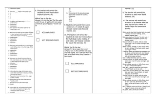 d. Cleaning our water
2. There are ____ stages in the water cycle.
a. 2
b. 3
c. 4
d. 5
3. The water cycle begins with ________.
a. Condensation
b. Evaporation
c. Precipitation
d. Trick question-the water cycle has no
beginning or end
4. When the Sun heats up the puddle of water
in your backyard and turns it into water
vapor, this process is known as ________.
a. Condensation
b. Evaporation
c. Precipitation
d. Collection
5. When you look outside and it is raining, the
water falling down is in what stage of the
water cycle?
a. Evaporation
b. Collection
c. Condensation
d. Precipitation
6. When you see clouds forming in the sky,
the water above you is forming droplets
in what stage of the water cycle?
a. Collection
b. Condensation
c. Precipitation
d. Evaporation
7. In the collection stage of the water cycle,
water finds itself back in oceans, streams,
and rivers by way of ________.
a. The suction force that comes from large
bodies of water
b. Gravity and the fact that things tend to
flow downhill
c. Animals that carry the water back
d. People
8. As time goes by, and water goes through
the water cycle again and again, the
amount of water on Earth _______.
a. Increases
9. The teacher will remind the
students to read more about
tropical cyclones. (R)
Biblical Text for the day:
Genesis 1:9 And God said ―Let the water
under the sky be gathered to one place,
and let dry ground appear.‖ And it was
so.
ACCOMPLISHED
NOT ACCOMPLISHED
A. 1
B. 3
C. 4
5.) The number of the annual average
storms that crosses the country,
Philippines.
A. 3
B. 19
C. 21
9. Students will submit their scores
written on a ¼ sheet of paper
through ‗canter aisle-forward‘
manner. (O)
10. The teacher will remind the
students to read and review about
the hydrologic cycle, heating of
and water, and tropical cyclones
for a quiz the next day. (R)
Biblical Text for the day:
Genesis 7:4 Seven days from now I
will send rain on the earth for forty days
and forty nights, and I will wipe from the
face of the earth every living creature I
have made.
ACCOMPLISHED
NOT ACCOMPLISHED
manner. (O)
9. The teacher will remind the
students to read more about
seasons. (W)
10. The teacher will remind the
students to be familiar with the
song You‘ve Got a Friend by
James Taylor for tomorrow‘s
activity.
When you're down and troubled and you need
a helping hand and nothing, whoa,
nothing is going right.
Close your eyes and think of me and soon I
will be there to brighten up even your
darkest nights.
You just call out my name, and you know
where ever I am I'll come running to see
you again.
Winter, spring, summer, or fall, all you have
to do is call and I'll be there, yeah, yeah,
you've got a friend.
If the sky above you should turn dark and full
of clouds and that old north wind should
begin to blow, keep your head together
and call my name out loud.
Soon I will be knocking upon your door.
You just call out my name, and you know
where ever I am I'll come running to see
you again.
Winter, spring, summer, or fall, all you have
to do is call and I'll be there.
Hey, ain't it good to know that you've got a
friend? People can be so cold.
They'll hurt you and desert you. Well, they'll
take your soul if you let them, oh yeah,
but don't you let them.
You just call out my name, and you know
where ever I am I'll come running to see
you again.
Winter, spring, summer, or fall, all you have
to do is call, Lord, I'll be there, yeah,
yeah, you've got a friend. You've got a
friend.
Ain't it good to know you've got a friend? Ain't
it good to know you've got a friend?
Oh, yeah, yeah, you've got a friend.
 