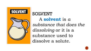 Solvent Dissolves SCI6-Q1-W1-DAY4-SOLUTE AND SOLVENT power point | PPTX