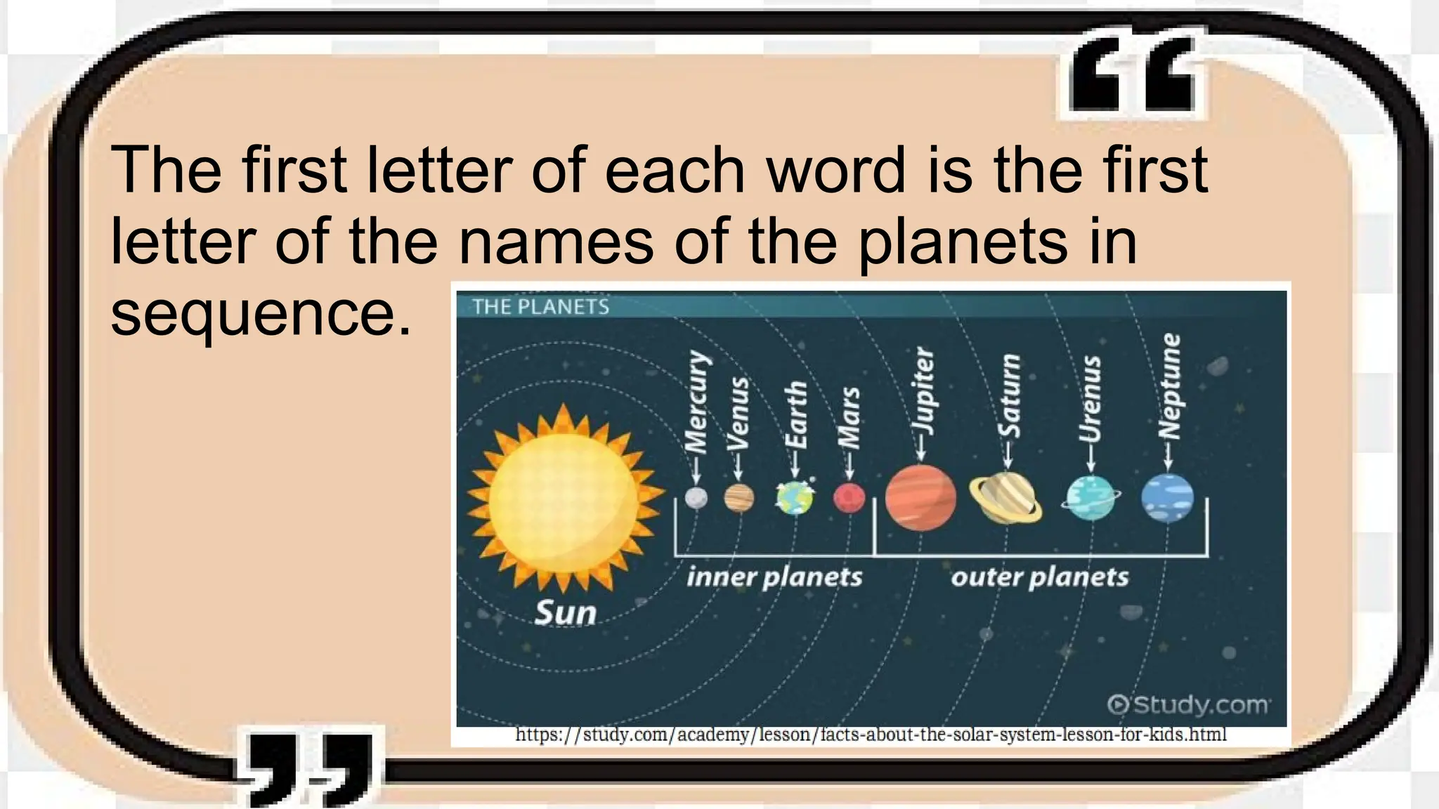 The first letter of each word is the first
letter of the names of the planets in
sequence.
 