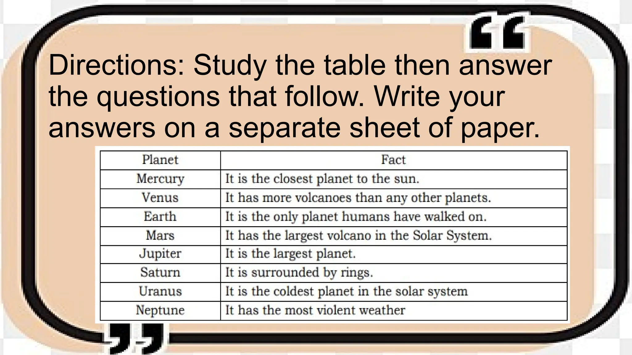 Directions: Study the table then answer
the questions that follow. Write your
answers on a separate sheet of paper.
 